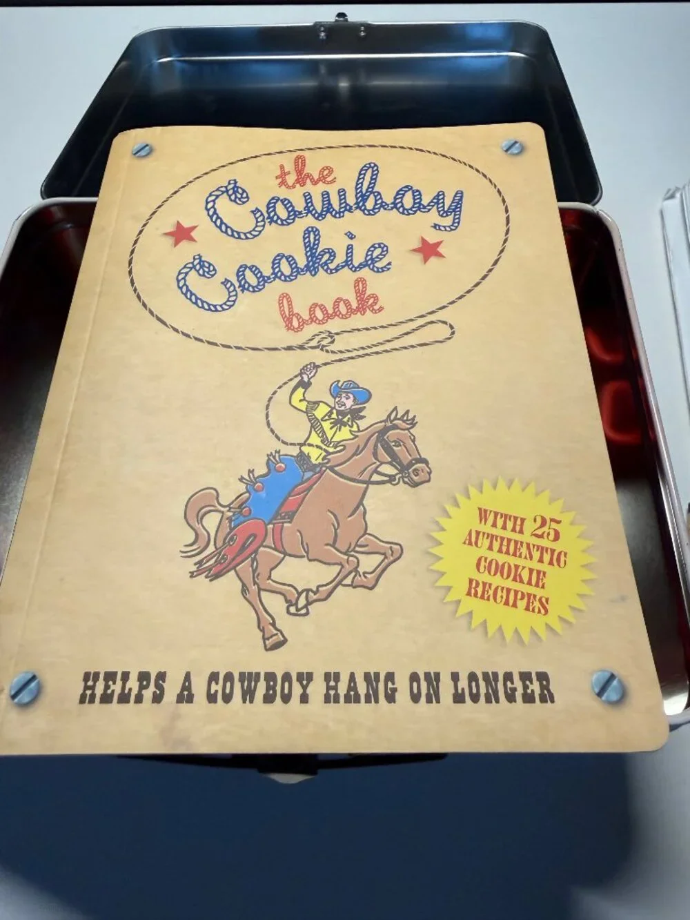 Vintage Cowboy Cookie Tin Box with 4 Cookie Cutters & Recipe Book
